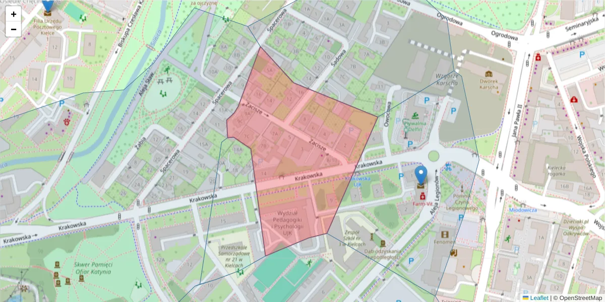 Szczegółowa mapa kodu pocztowego 25-027 z granicami, sąsiednimi kodami pocztowymi i urzędami pocztowymi