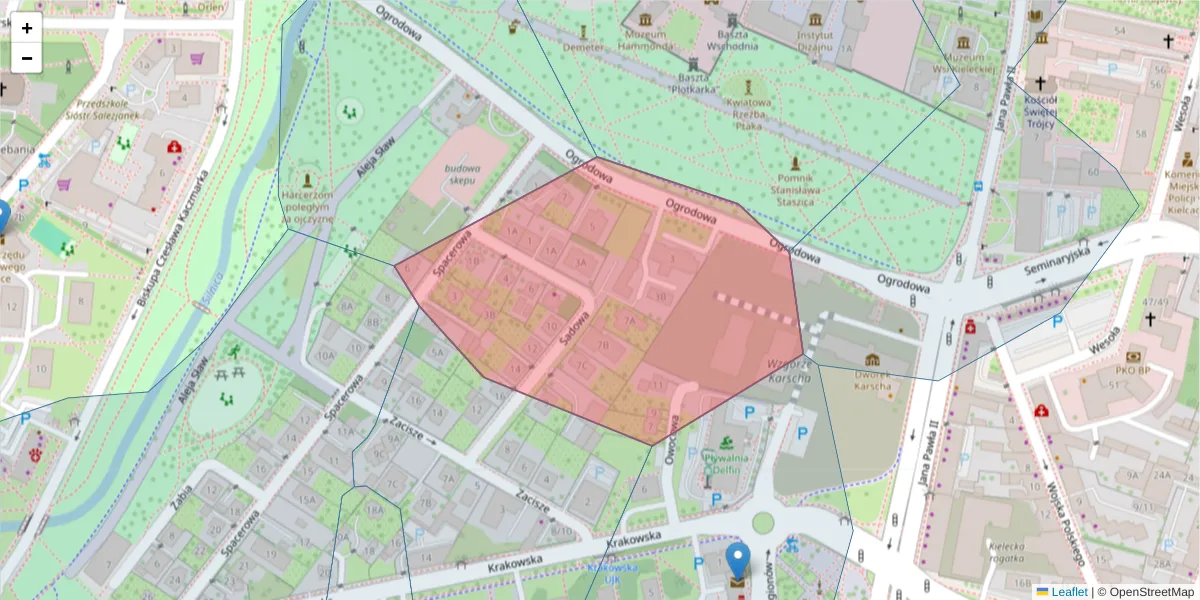 Szczegółowa mapa kodu pocztowego 25-028 z granicami, sąsiednimi kodami pocztowymi i urzędami pocztowymi