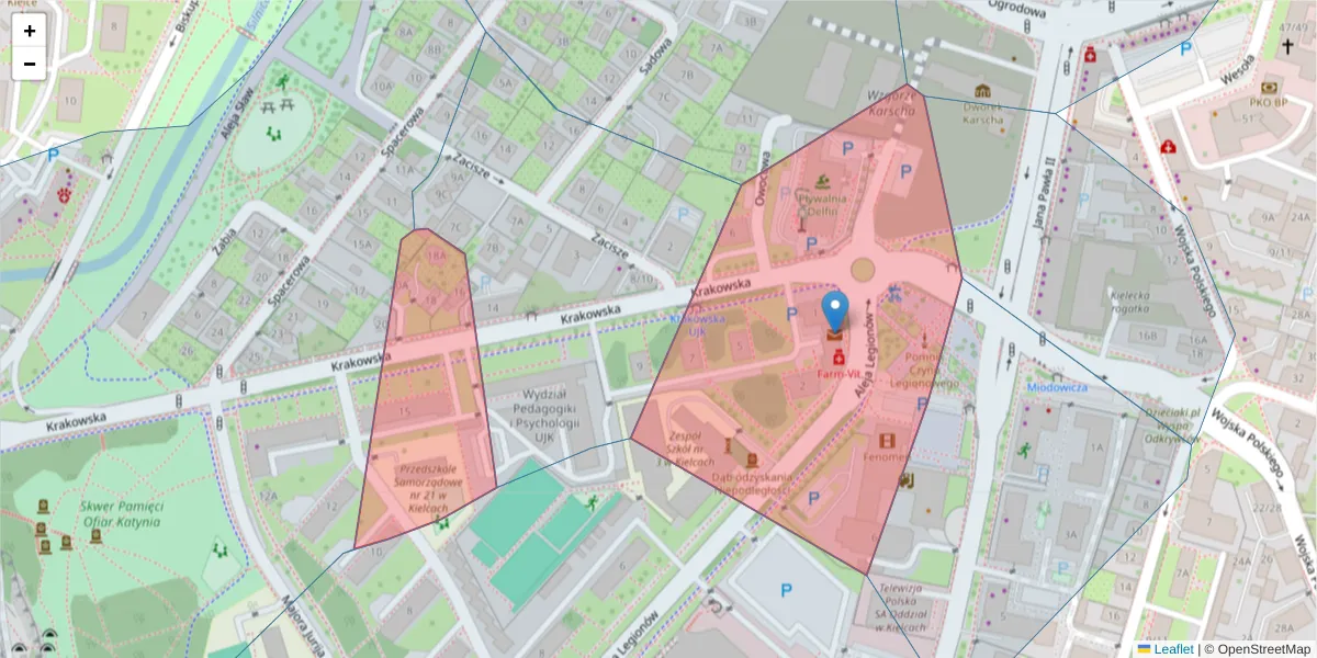 Szczegółowa mapa kodu pocztowego 25-029 z granicami, sąsiednimi kodami pocztowymi i urzędami pocztowymi