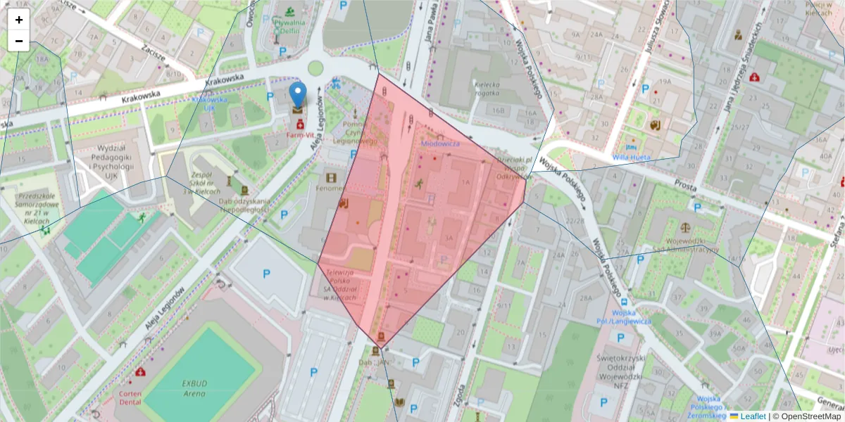Szczegółowa mapa kodu pocztowego 25-033 z granicami, sąsiednimi kodami pocztowymi i urzędami pocztowymi