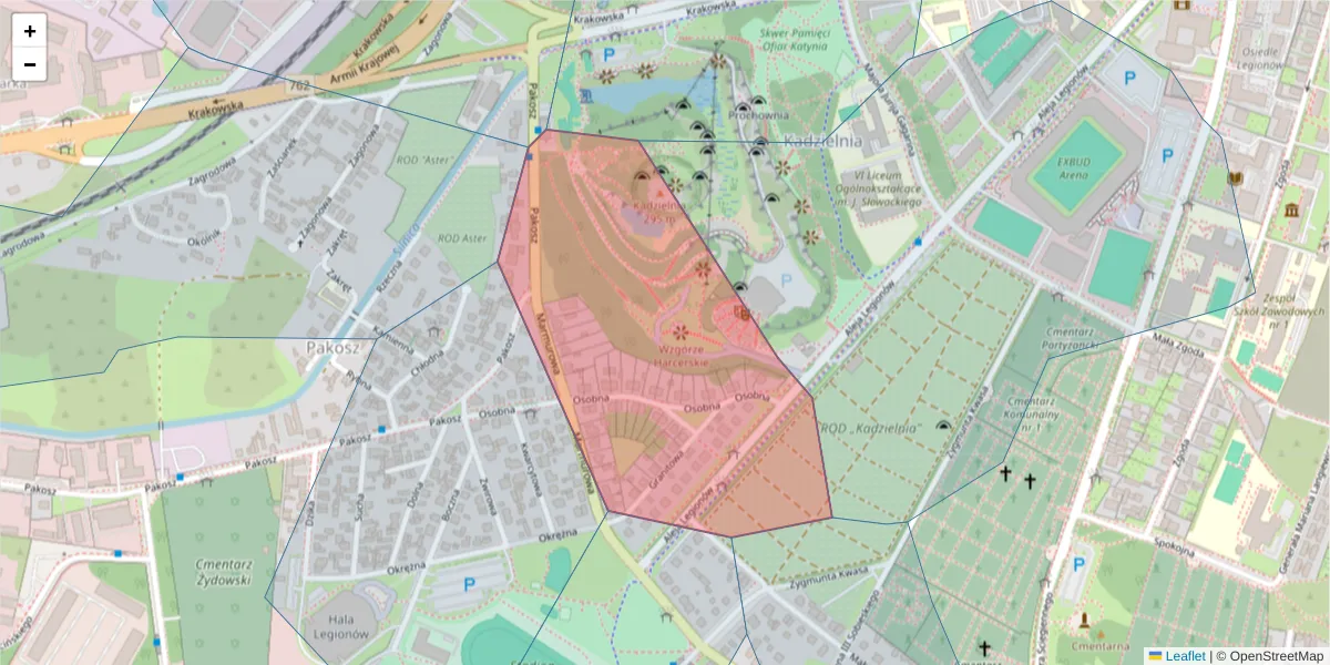Szczegółowa mapa kodu pocztowego 25-034 z granicami, sąsiednimi kodami pocztowymi i urzędami pocztowymi