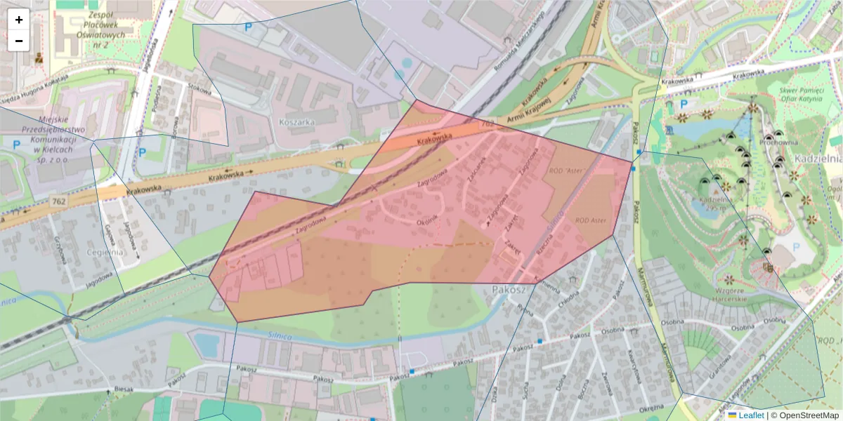 Szczegółowa mapa kodu pocztowego 25-037 z granicami, sąsiednimi kodami pocztowymi i urzędami pocztowymi