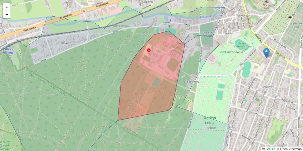 Szczegółowa mapa kodu pocztowego 25-045 z granicami, sąsiednimi kodami pocztowymi i urzędami pocztowymi