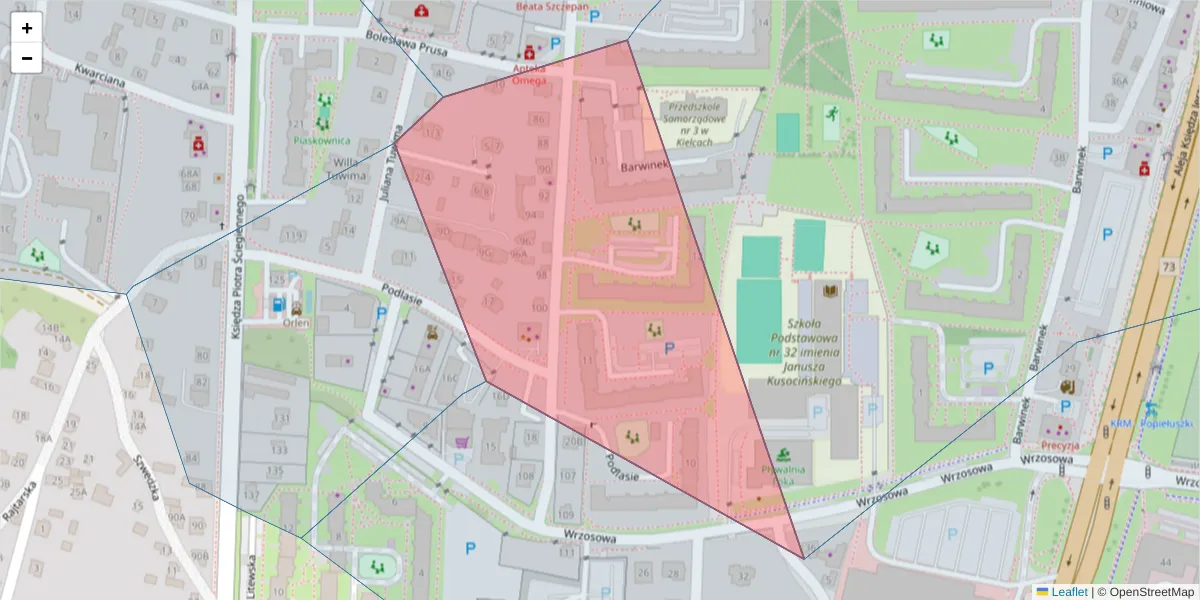 Szczegółowa mapa kodu pocztowego 25-106 z granicami, sąsiednimi kodami pocztowymi i urzędami pocztowymi