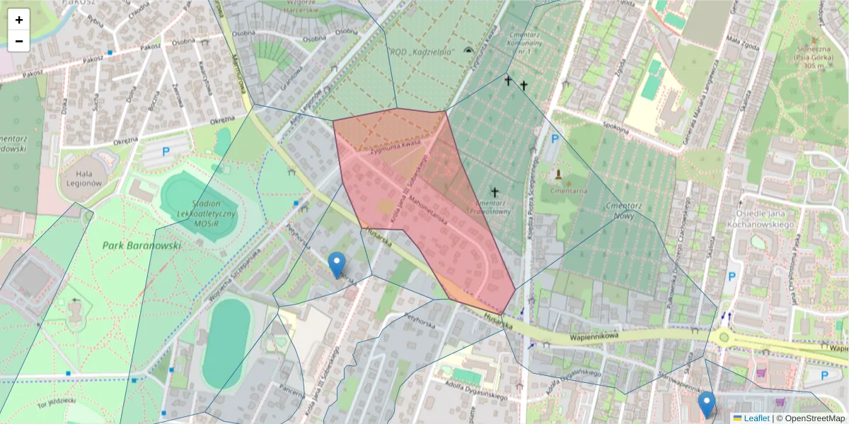 Szczegółowa mapa kodu pocztowego 25-119 z granicami, sąsiednimi kodami pocztowymi i urzędami pocztowymi