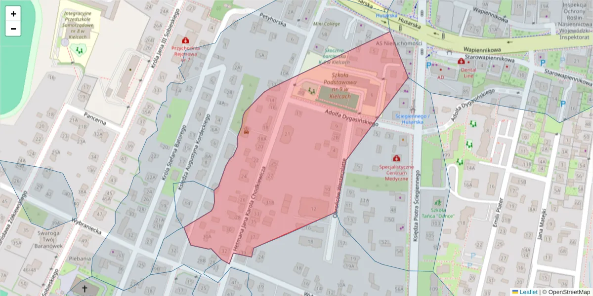 Szczegółowa mapa kodu pocztowego 25-122 z granicami, sąsiednimi kodami pocztowymi i urzędami pocztowymi