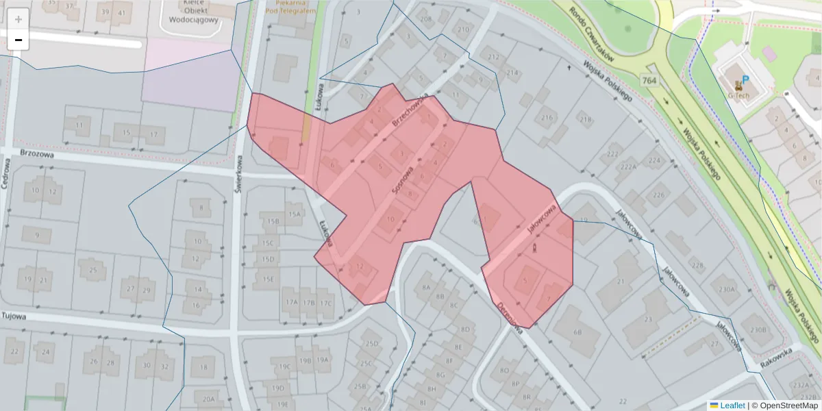Szczegółowa mapa kodu pocztowego 25-210 z granicami, sąsiednimi kodami pocztowymi i urzędami pocztowymi