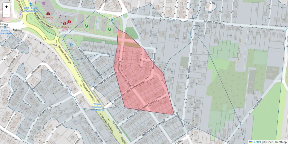 Szczegółowa mapa kodu pocztowego 25-227 z granicami, sąsiednimi kodami pocztowymi i urzędami pocztowymi