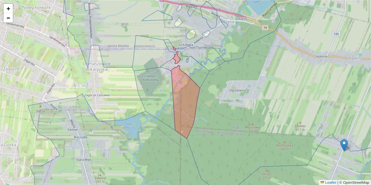 Szczegółowa mapa kodu pocztowego 25-254 z granicami, sąsiednimi kodami pocztowymi i urzędami pocztowymi