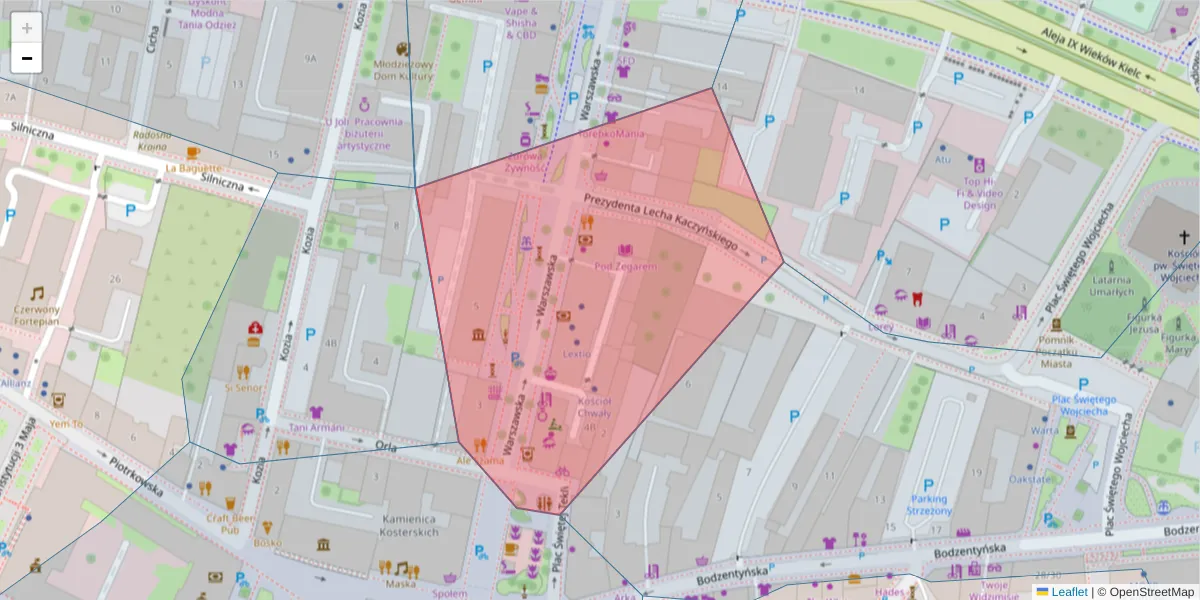Szczegółowa mapa kodu pocztowego 25-306 z granicami, sąsiednimi kodami pocztowymi i urzędami pocztowymi