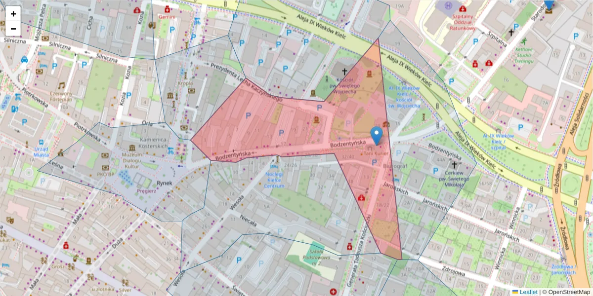 Szczegółowa mapa kodu pocztowego 25-308 z granicami, sąsiednimi kodami pocztowymi i urzędami pocztowymi