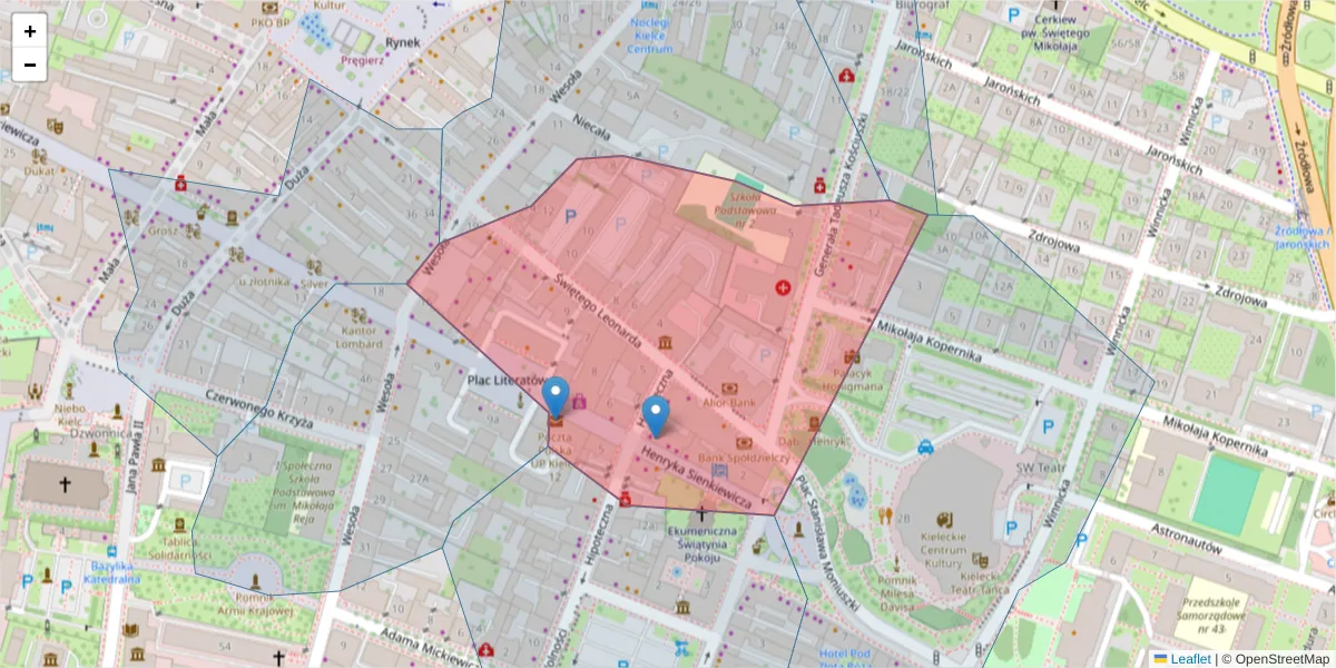 Szczegółowa mapa kodu pocztowego 25-311 z granicami, sąsiednimi kodami pocztowymi i urzędami pocztowymi