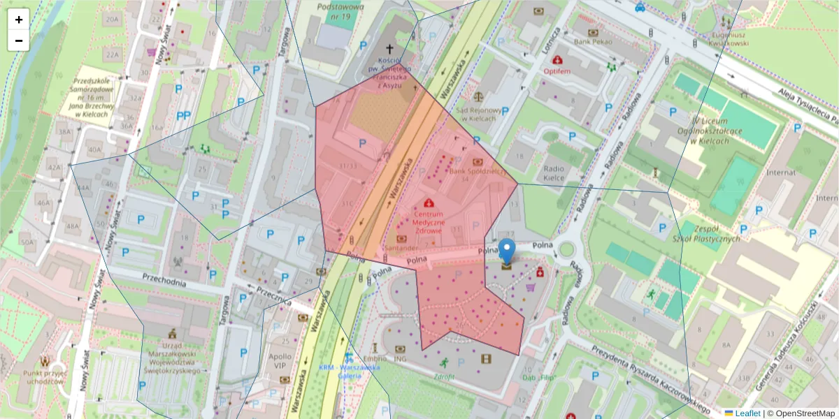 Szczegółowa mapa kodu pocztowego 25-312 z granicami, sąsiednimi kodami pocztowymi i urzędami pocztowymi