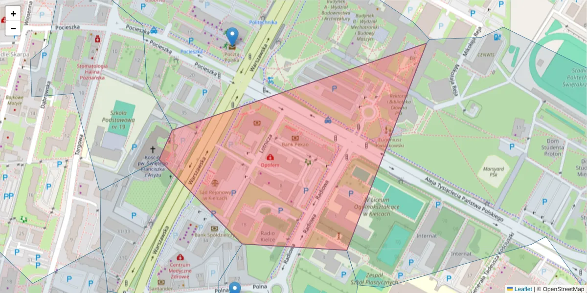 Szczegółowa mapa kodu pocztowego 25-313 z granicami, sąsiednimi kodami pocztowymi i urzędami pocztowymi