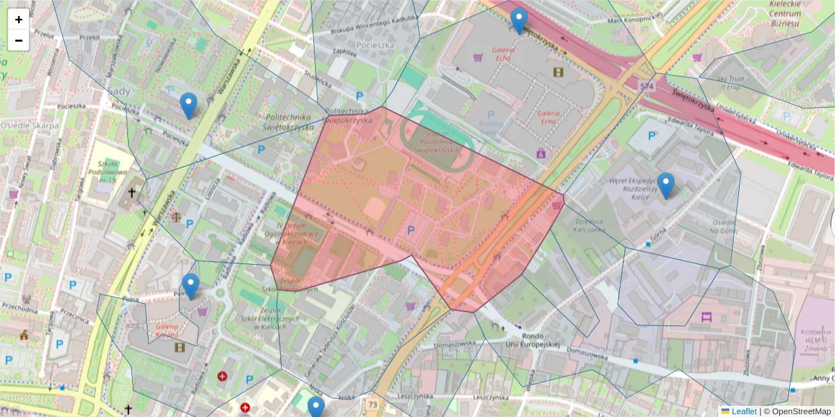 Szczegółowa mapa kodu pocztowego 25-314 z granicami, sąsiednimi kodami pocztowymi i urzędami pocztowymi