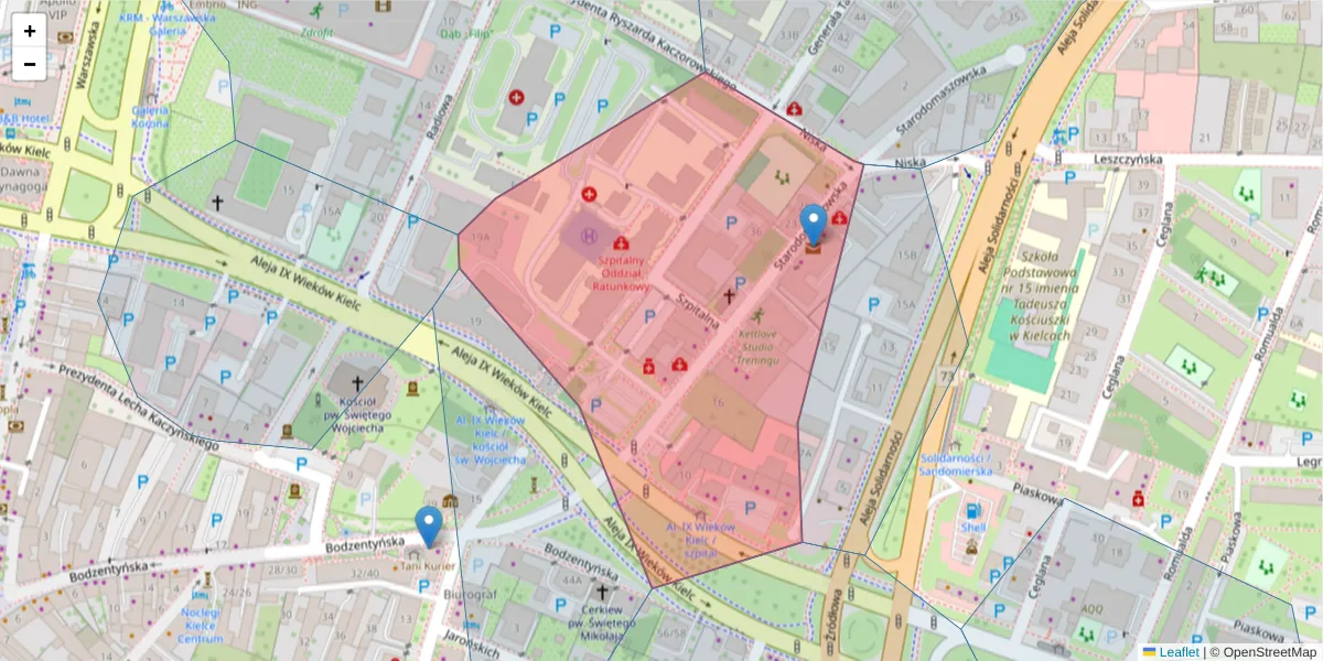 Szczegółowa mapa kodu pocztowego 25-315 z granicami, sąsiednimi kodami pocztowymi i urzędami pocztowymi