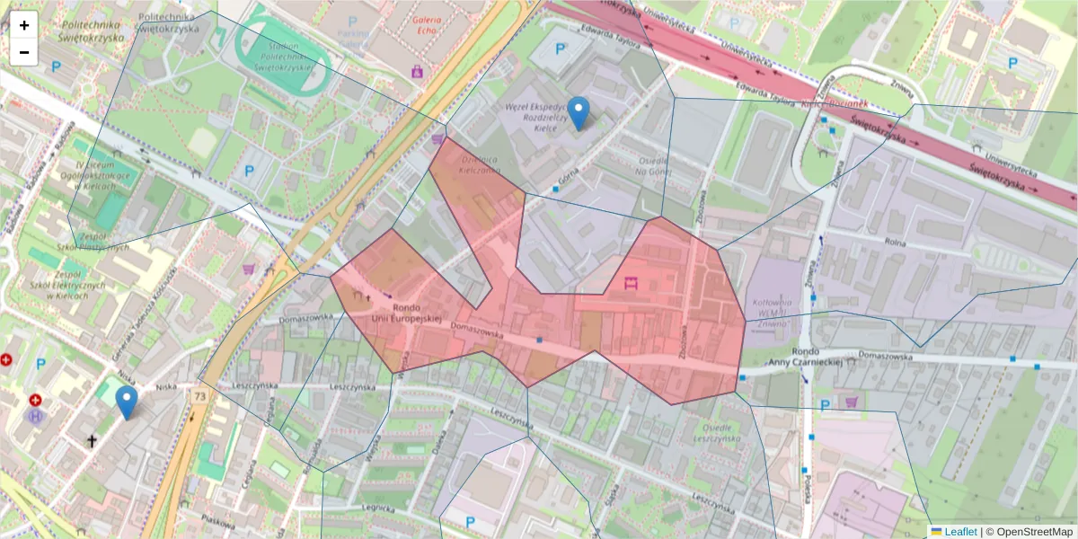 Szczegółowa mapa kodu pocztowego 25-320 z granicami, sąsiednimi kodami pocztowymi i urzędami pocztowymi
