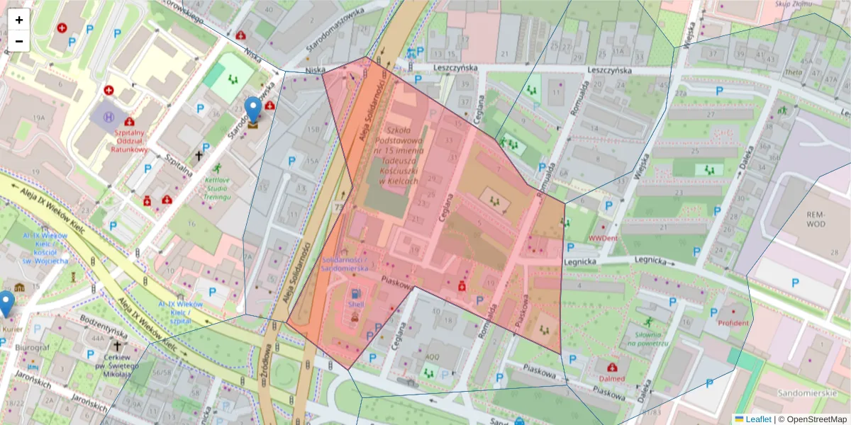 Szczegółowa mapa kodu pocztowego 25-322 z granicami, sąsiednimi kodami pocztowymi i urzędami pocztowymi