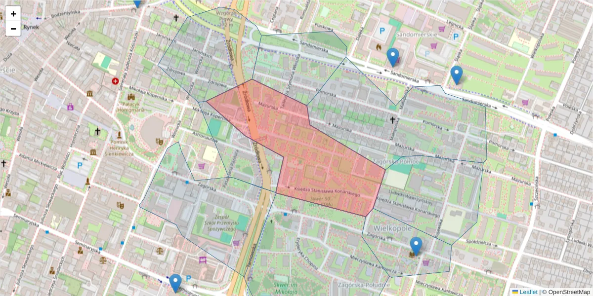 Szczegółowa mapa kodu pocztowego 25-341 z granicami, sąsiednimi kodami pocztowymi i urzędami pocztowymi