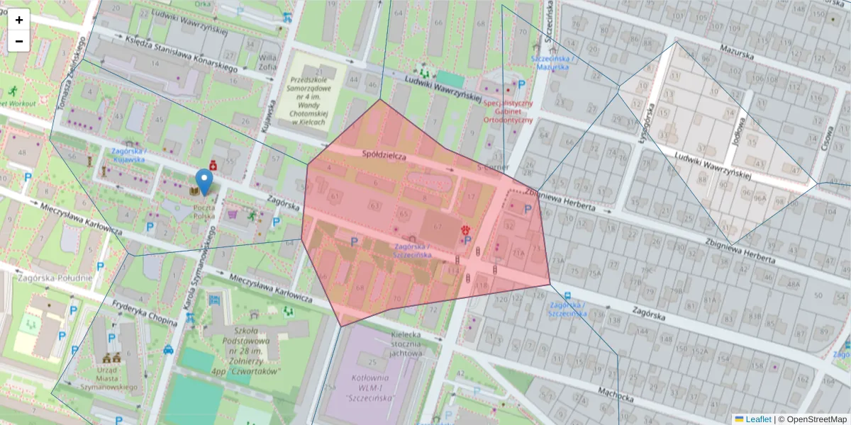 Szczegółowa mapa kodu pocztowego 25-344 z granicami, sąsiednimi kodami pocztowymi i urzędami pocztowymi