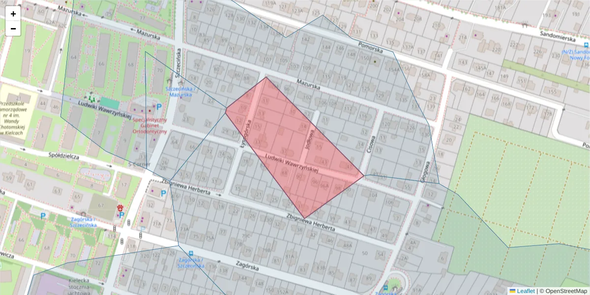 Szczegółowa mapa kodu pocztowego 25-347 z granicami, sąsiednimi kodami pocztowymi i urzędami pocztowymi