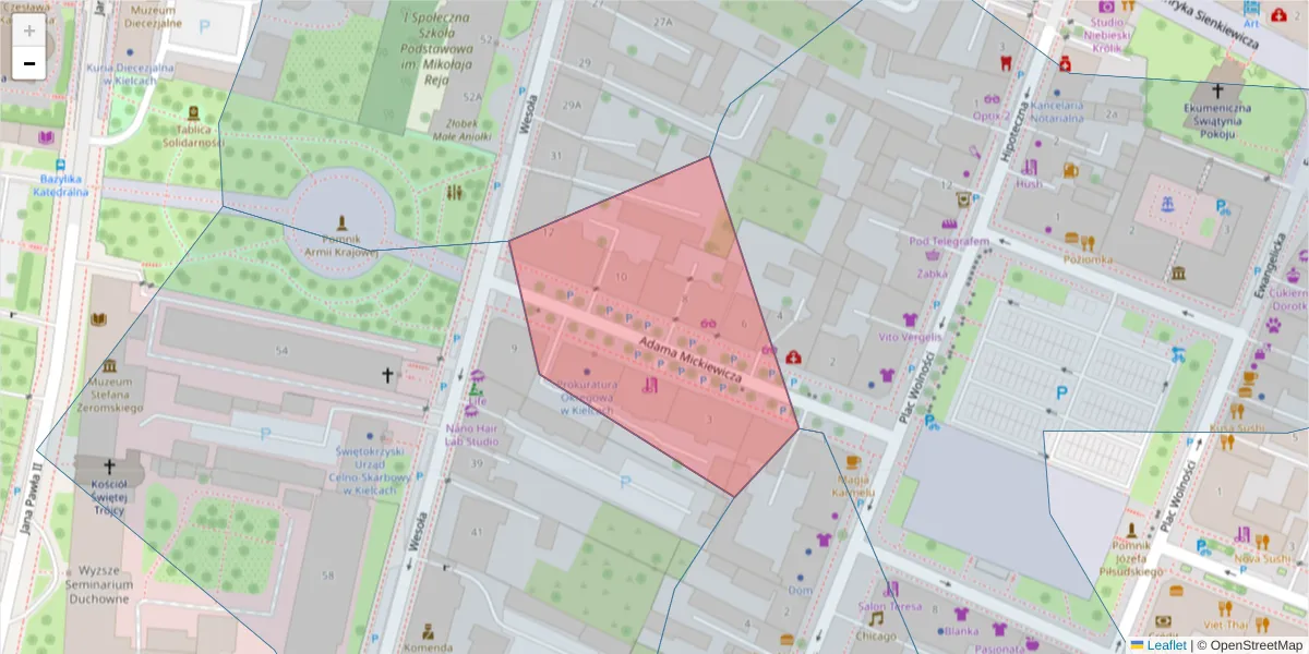 Szczegółowa mapa kodu pocztowego 25-352 z granicami, sąsiednimi kodami pocztowymi i urzędami pocztowymi