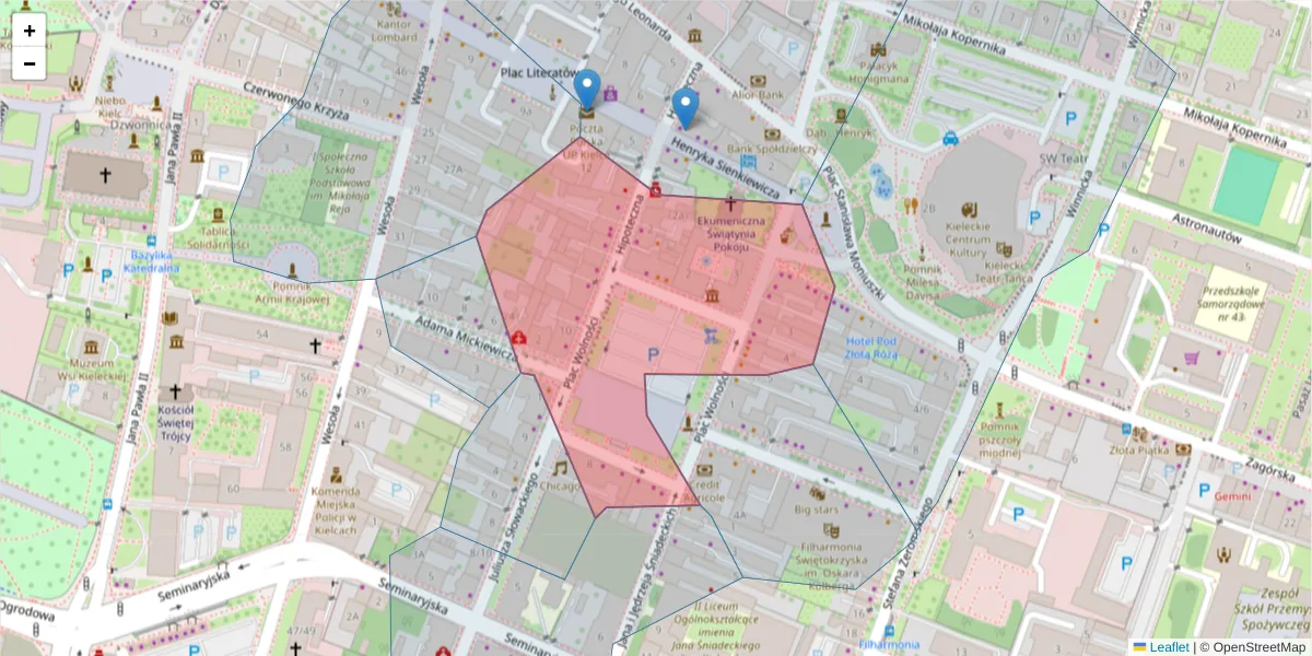 Szczegółowa mapa kodu pocztowego 25-367 z granicami, sąsiednimi kodami pocztowymi i urzędami pocztowymi
