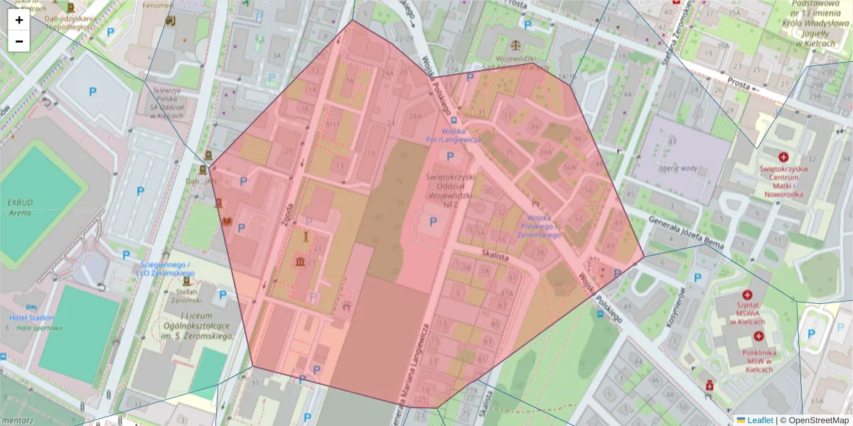 Szczegółowa mapa kodu pocztowego 25-377 z granicami, sąsiednimi kodami pocztowymi i urzędami pocztowymi