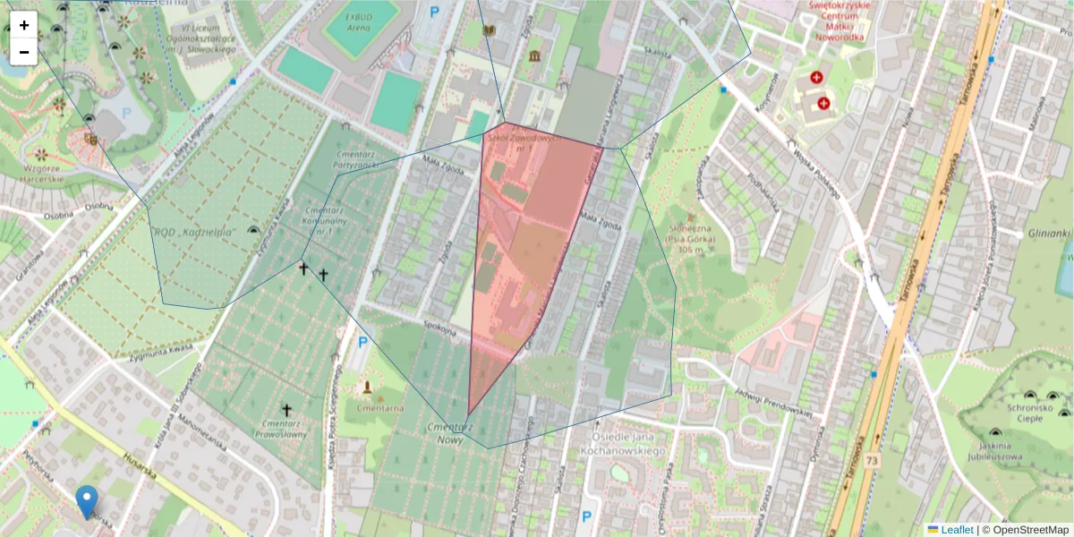 Szczegółowa mapa kodu pocztowego 25-381 z granicami, sąsiednimi kodami pocztowymi i urzędami pocztowymi