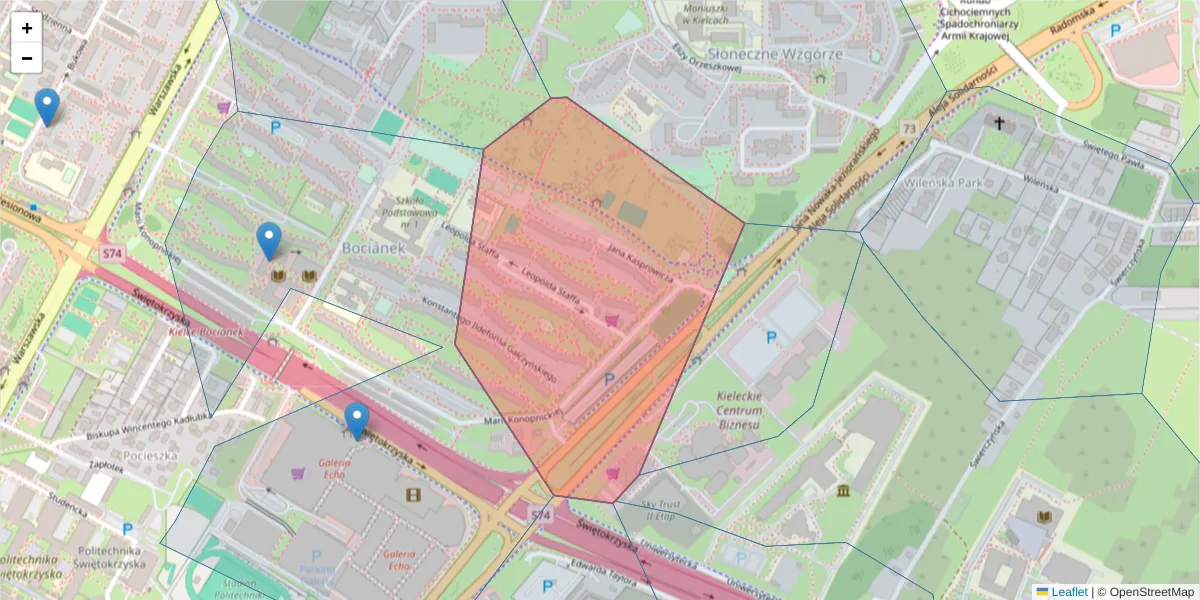 Szczegółowa mapa kodu pocztowego 25-410 z granicami, sąsiednimi kodami pocztowymi i urzędami pocztowymi