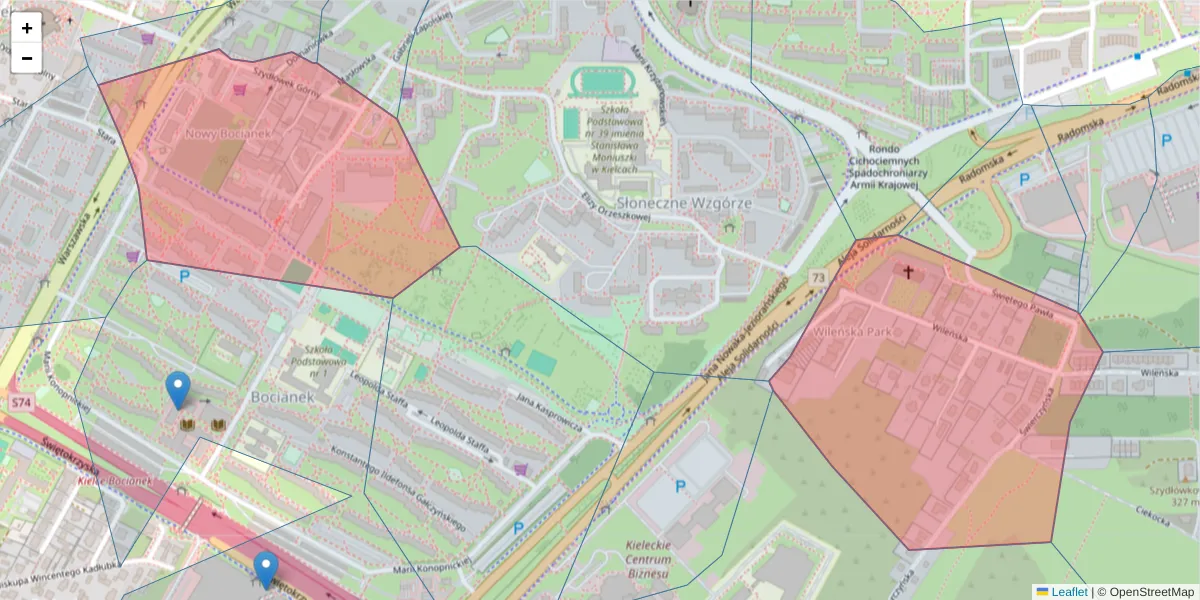 Szczegółowa mapa kodu pocztowego 25-411 z granicami, sąsiednimi kodami pocztowymi i urzędami pocztowymi
