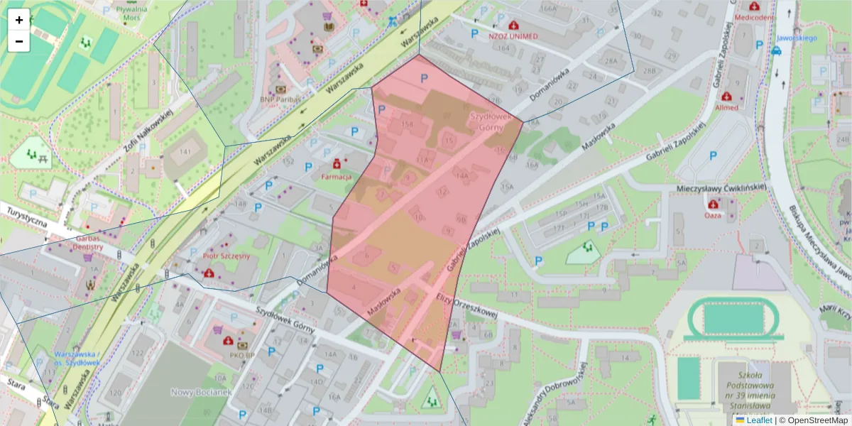 Szczegółowa mapa kodu pocztowego 25-413 z granicami, sąsiednimi kodami pocztowymi i urzędami pocztowymi