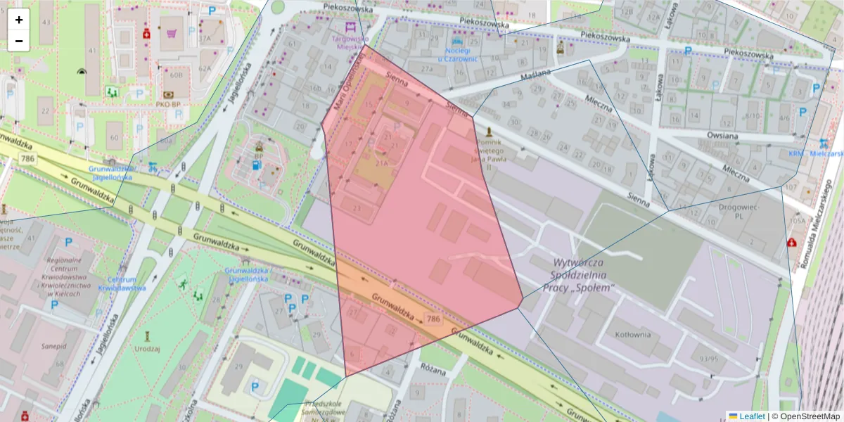 Szczegółowa mapa kodu pocztowego 25-426 z granicami, sąsiednimi kodami pocztowymi i urzędami pocztowymi