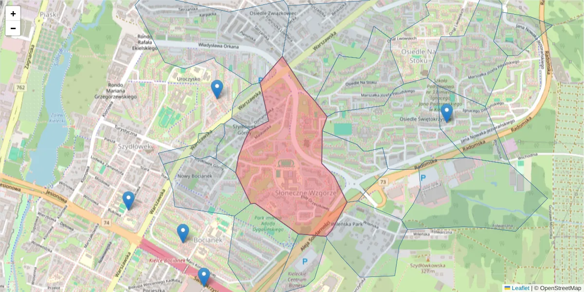Szczegółowa mapa kodu pocztowego 25-435 z granicami, sąsiednimi kodami pocztowymi i urzędami pocztowymi