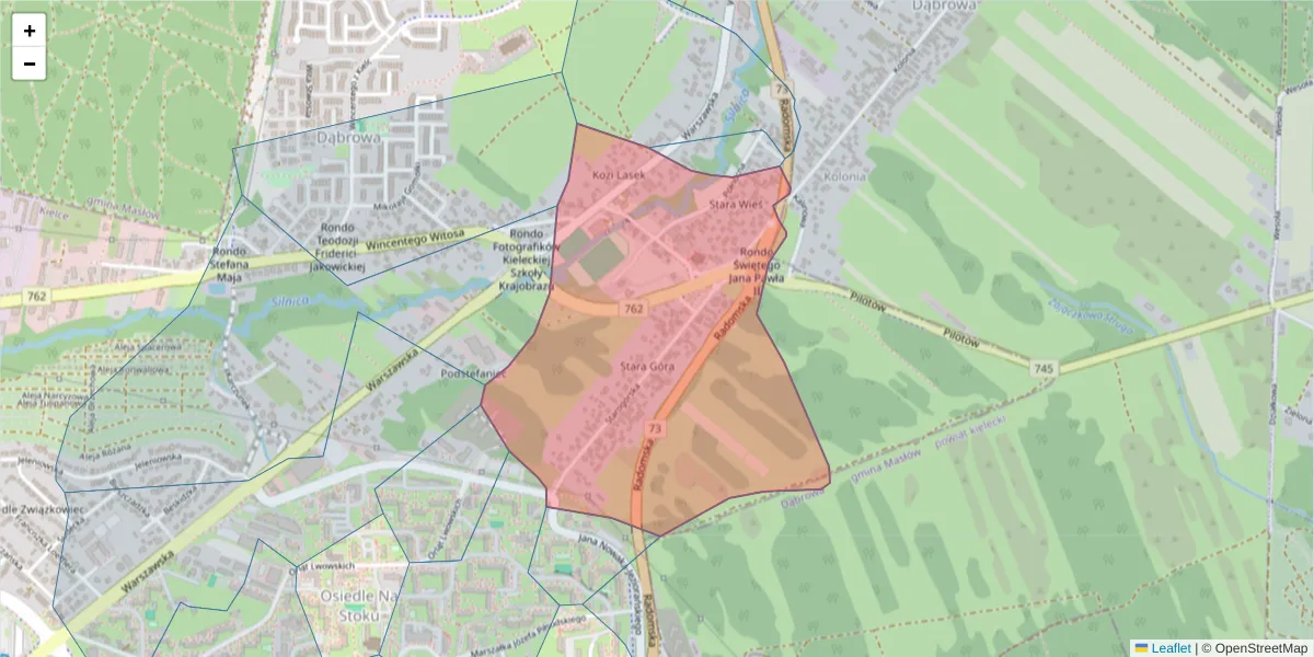 Szczegółowa mapa kodu pocztowego 25-443 z granicami, sąsiednimi kodami pocztowymi i urzędami pocztowymi