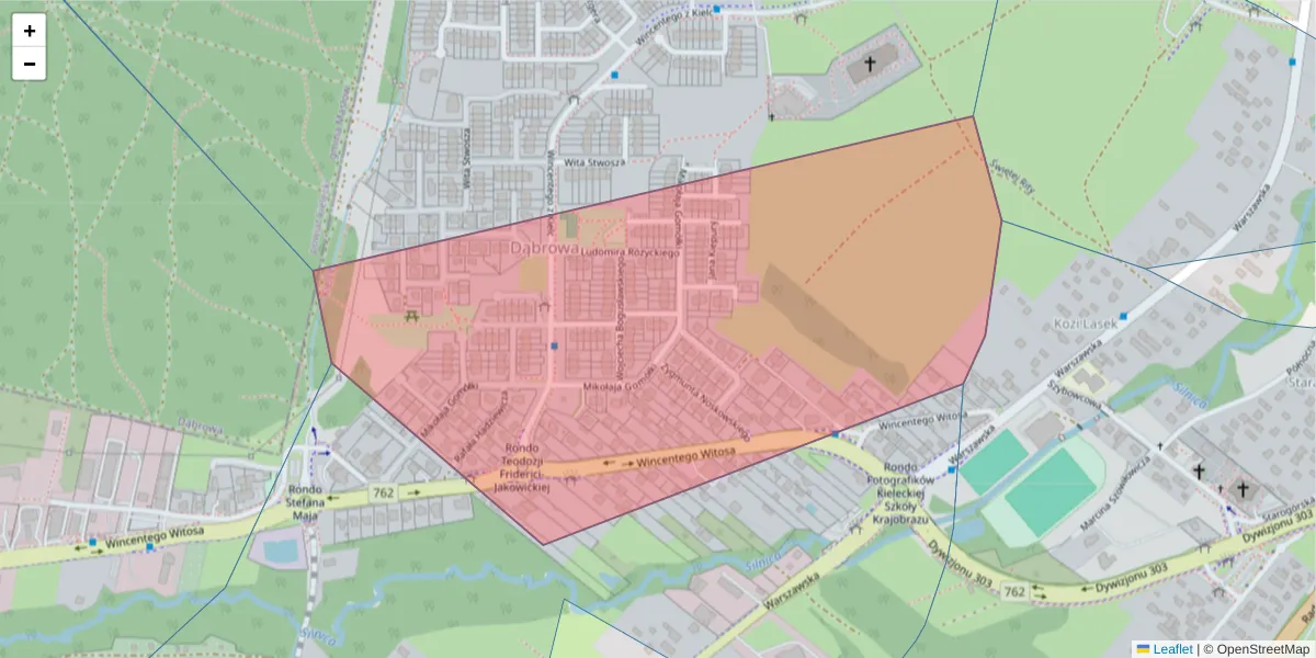 Szczegółowa mapa kodu pocztowego 25-450 z granicami, sąsiednimi kodami pocztowymi i urzędami pocztowymi