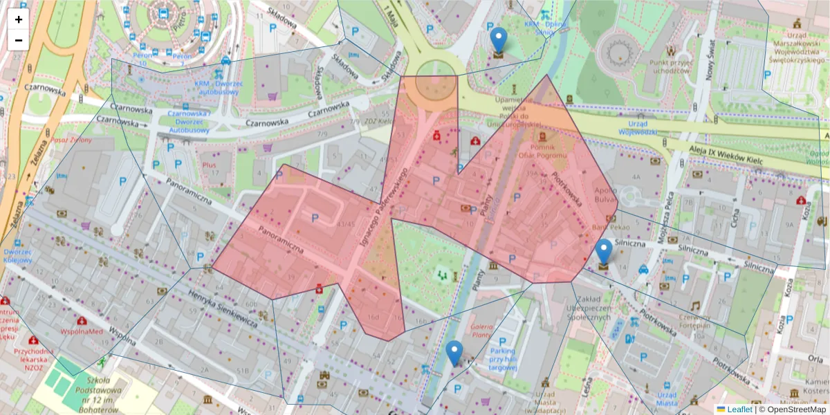 Szczegółowa mapa kodu pocztowego 25-502 z granicami, sąsiednimi kodami pocztowymi i urzędami pocztowymi