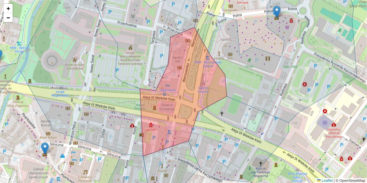 Szczegółowa mapa kodu pocztowego 25-512 z granicami, sąsiednimi kodami pocztowymi i urzędami pocztowymi