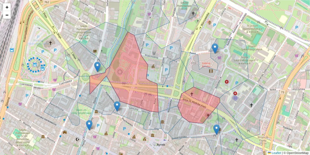 Szczegółowa mapa kodu pocztowego 25-516 z granicami, sąsiednimi kodami pocztowymi i urzędami pocztowymi