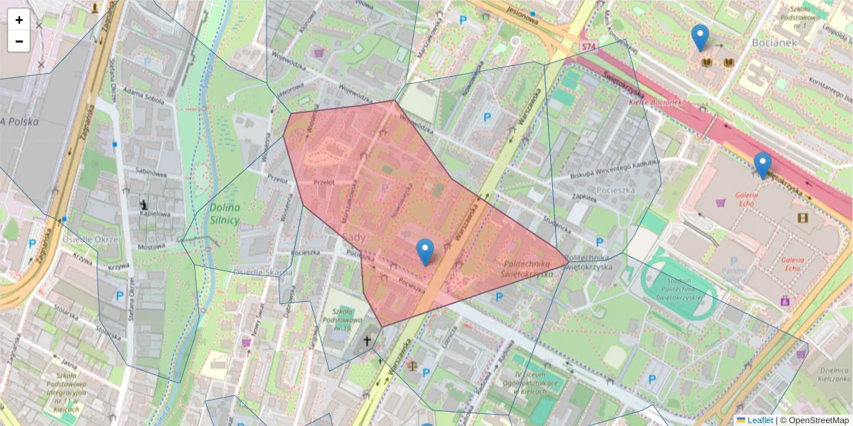 Szczegółowa mapa kodu pocztowego 25-519 z granicami, sąsiednimi kodami pocztowymi i urzędami pocztowymi