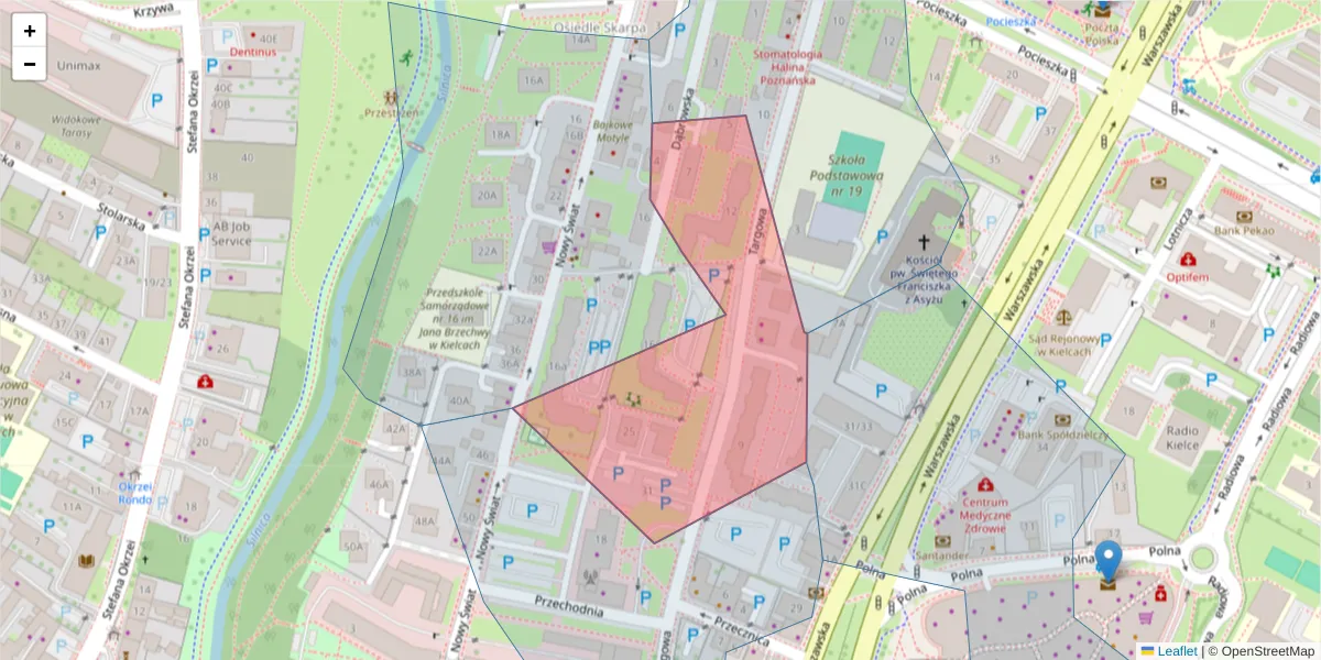 Szczegółowa mapa kodu pocztowego 25-521 z granicami, sąsiednimi kodami pocztowymi i urzędami pocztowymi