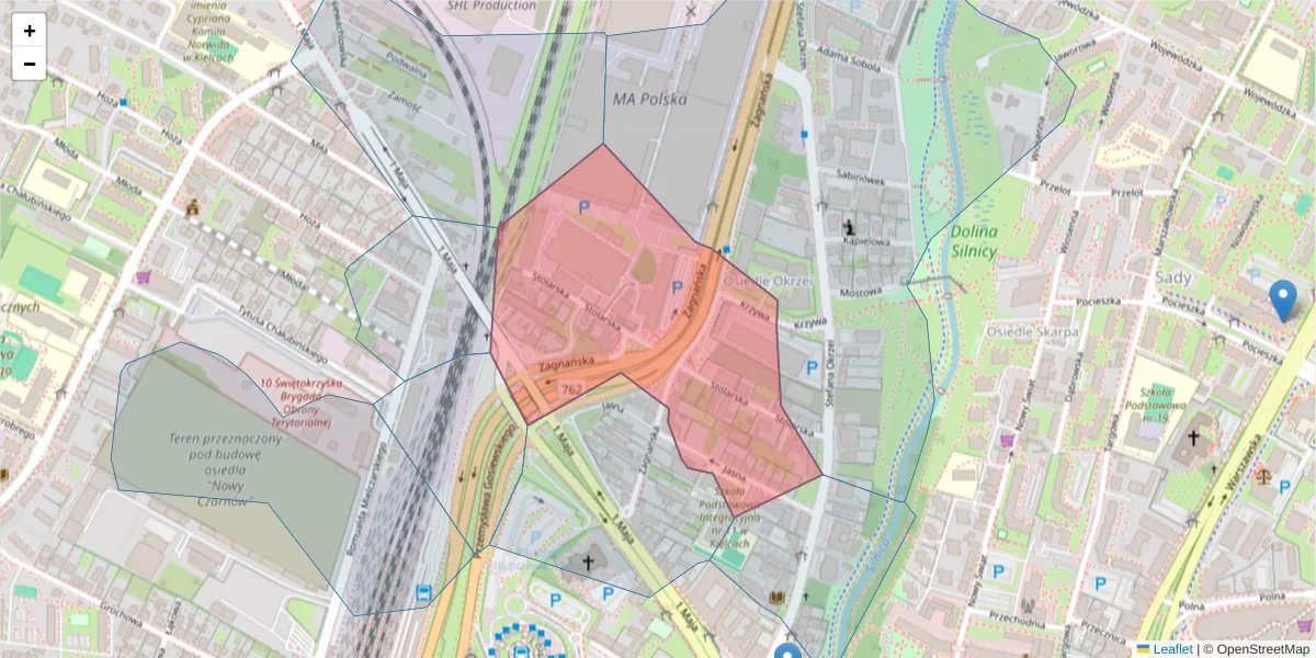 Szczegółowa mapa kodu pocztowego 25-523 z granicami, sąsiednimi kodami pocztowymi i urzędami pocztowymi