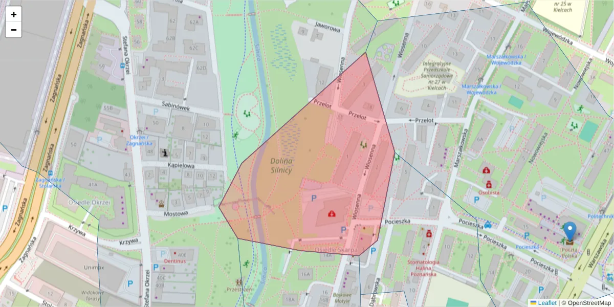 Szczegółowa mapa kodu pocztowego 25-534 z granicami, sąsiednimi kodami pocztowymi i urzędami pocztowymi