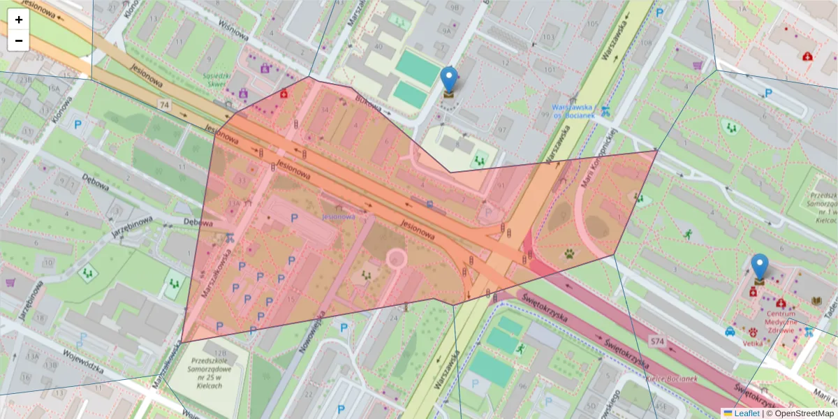 Szczegółowa mapa kodu pocztowego 25-540 z granicami, sąsiednimi kodami pocztowymi i urzędami pocztowymi