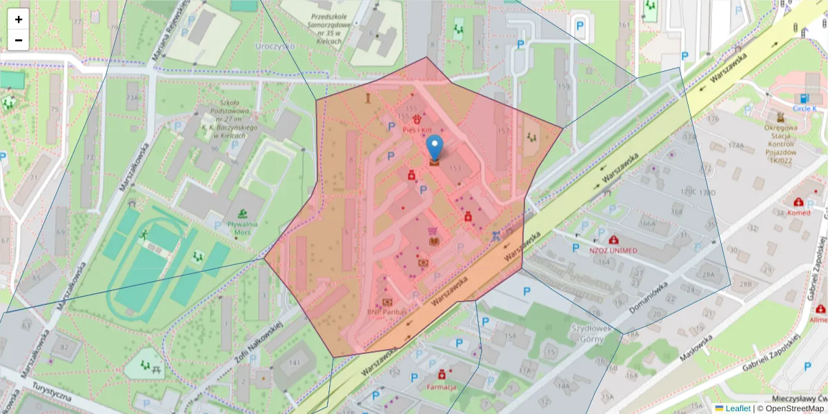 Szczegółowa mapa kodu pocztowego 25-547 z granicami, sąsiednimi kodami pocztowymi i urzędami pocztowymi