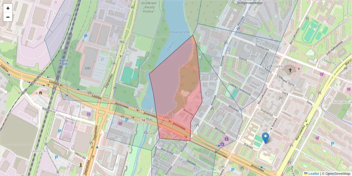 Szczegółowa mapa kodu pocztowego 25-552 z granicami, sąsiednimi kodami pocztowymi i urzędami pocztowymi