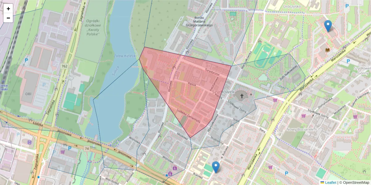 Szczegółowa mapa kodu pocztowego 25-555 z granicami, sąsiednimi kodami pocztowymi i urzędami pocztowymi