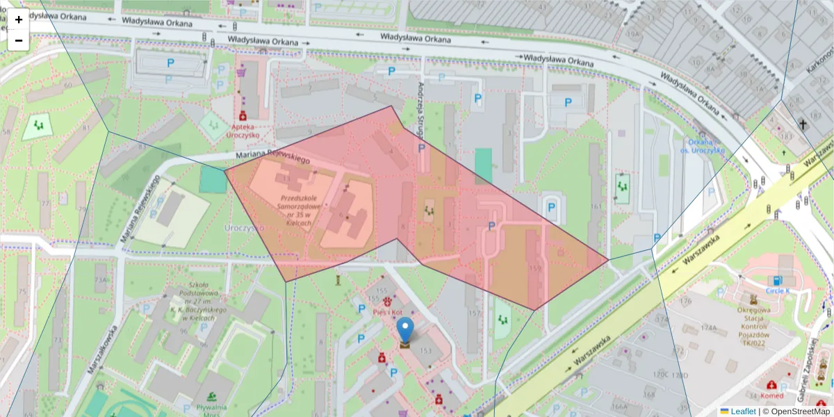 Szczegółowa mapa kodu pocztowego 25-566 z granicami, sąsiednimi kodami pocztowymi i urzędami pocztowymi