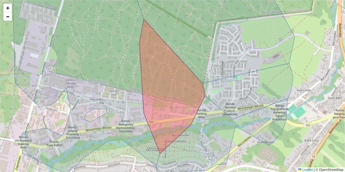 Szczegółowa mapa kodu pocztowego 25-581 z granicami, sąsiednimi kodami pocztowymi i urzędami pocztowymi