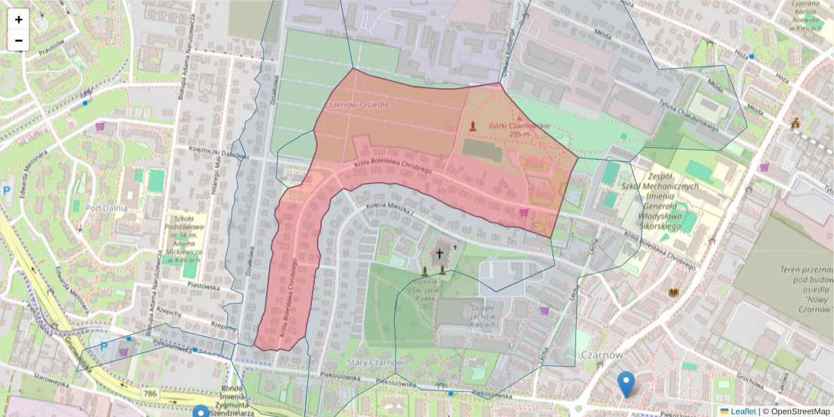 Szczegółowa mapa kodu pocztowego 25-607 z granicami, sąsiednimi kodami pocztowymi i urzędami pocztowymi